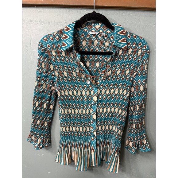 NICOLA Tops - Free‑Spirit GypsyTeal Geometric Button Up Blouse Beaded Shell Charms Size S